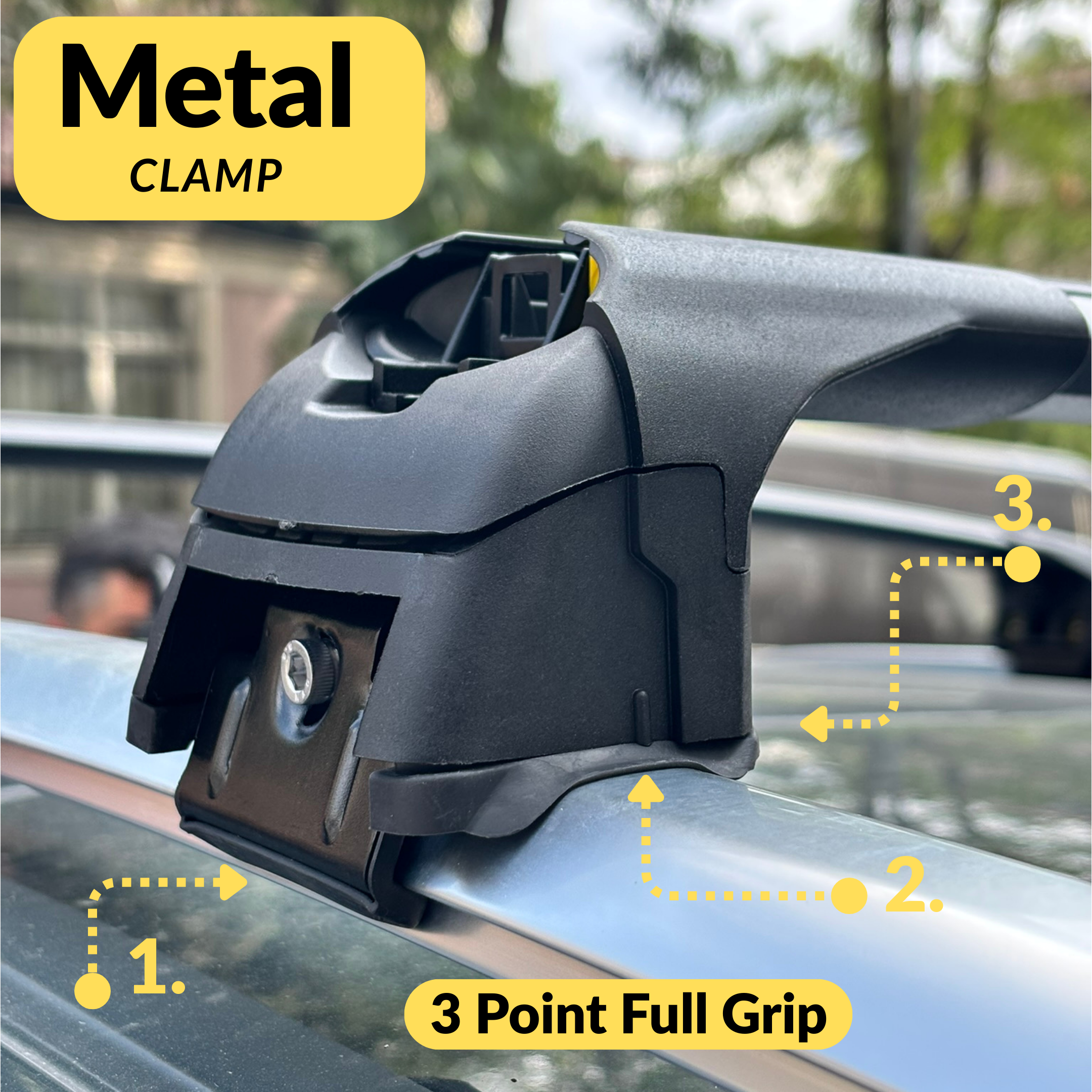 Metal clamp on a car roof with labeled features and 'Metal Clamp' text. Metal clamp on a car roof with labeled features and 'Metal Clamp' text.